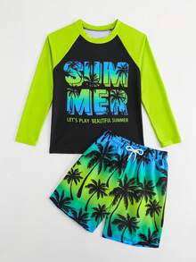 SHEIN Teen Boy Palm Tree Letter Print Rash Guard Set,Black Summer Streetwear Beach Holiday Long Sleeve Raglan Top And Shorts Swimsuit Bathing Suit For Youth - Green - View 6