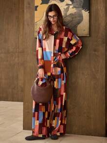 Hansera 2pcs Set: French Pattern Print Long Sleeve Concealed Placket Shirt & Wide Leg Pants, Suitable For Daily, Elegant, Outdoor, Retro, Autumn/Winter Outfits,Christmas Outfit For Women,Graphic Tee,Graphic Tees Women,Elegant Blouses For Women,Red - Multicolor - View 5