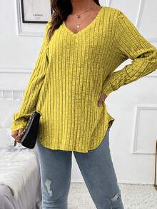 Vionelle 大码休闲百搭弧形下摆长袖T恤 - 芥末黃 - 查看 4