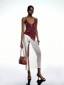 LYSMO 女士酒红色串珠做旧性感吊带背心，露背上衣 - 酒紅色 - 查看 7