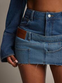 Denimoi Stacked Waist Low Rise Raw Hem Denim Micro Mini Skirt - Blue - View 5