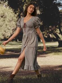 WESTFADE Gingham V-Neck Bow Front Puff Sleeve Tiered Ruffle Midi Skirt W/ Slit - Multicolor - View 4