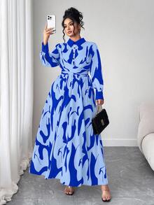 Elenzga 大码女式时尚优雅撞色衬衫领扭腰全印花A字衬衫裙，秋季优雅长袖连衣裙 - 藍色 - 查看 5