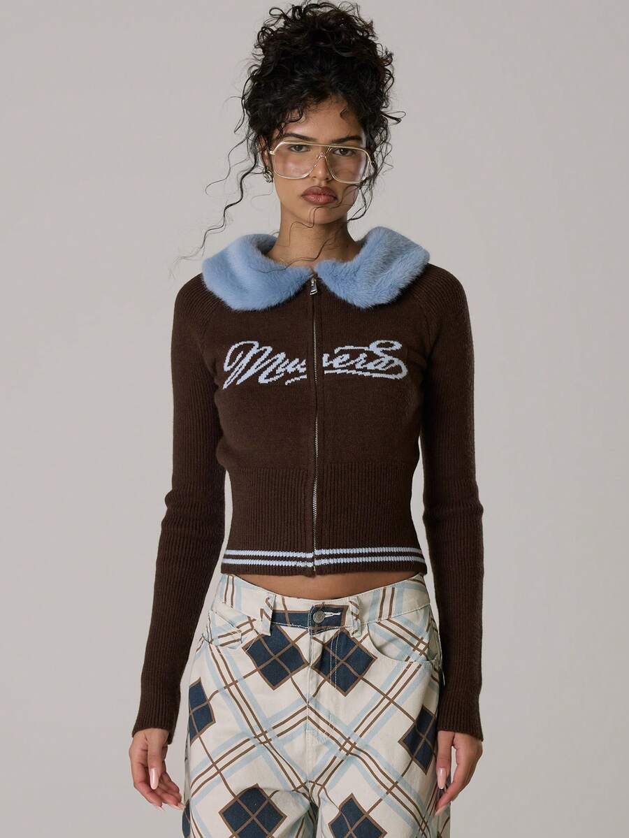 MUSERA Embroidered Fur Collar Cinched Knit Cardigan Casual Cute Autumn Winter Cosy Lounge Knitwear Coco Cloud - Brown - View 1