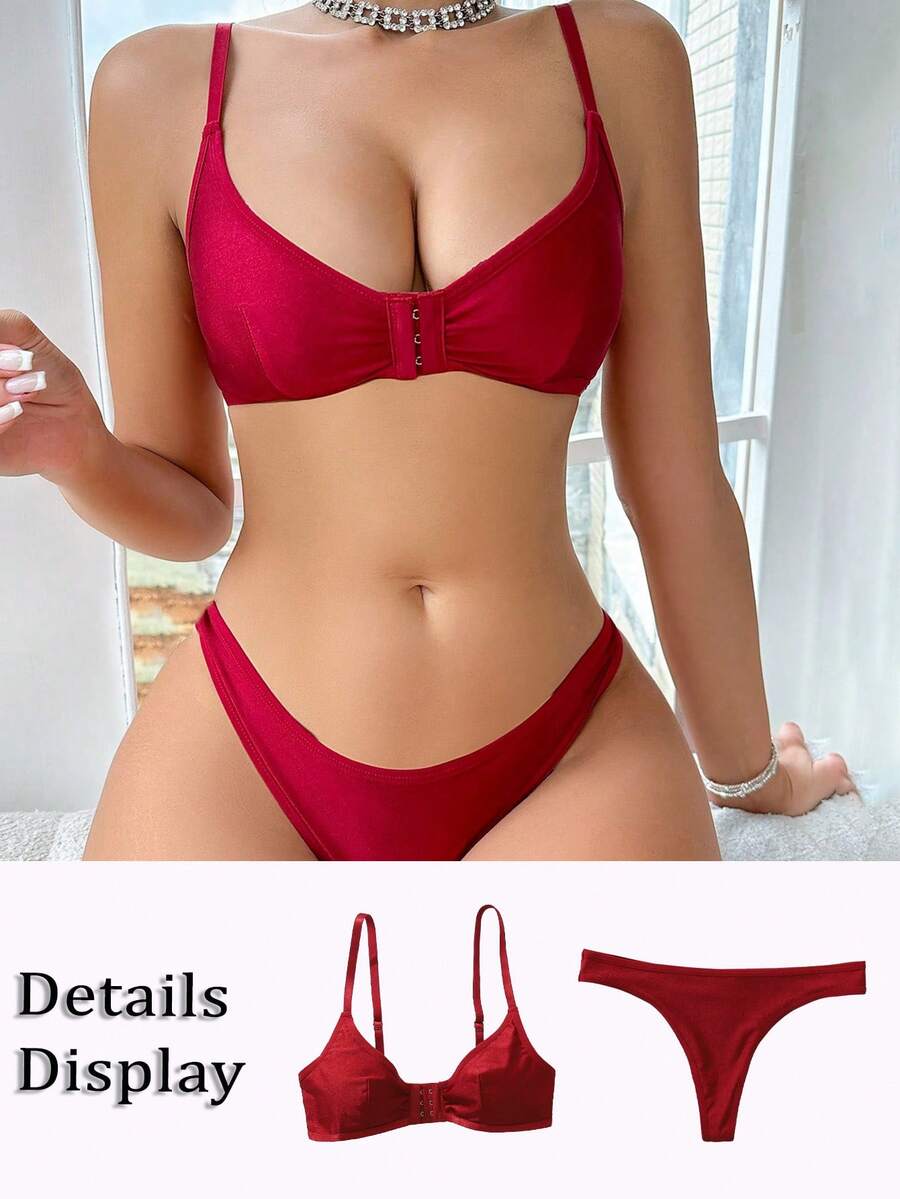2pcs/Set Front Closure Wireless Bra Set For Women - Burgundy - View 1