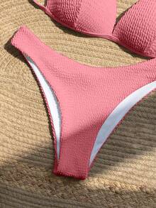 Swim Mod Solid Color Textured Bikini Set, Vacation & Beach - Pink - View 4