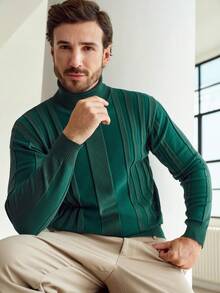 Manfinity Homme 男士纯色高领长袖休闲毛衣，秋冬季 - 墨綠色 - 查看 3