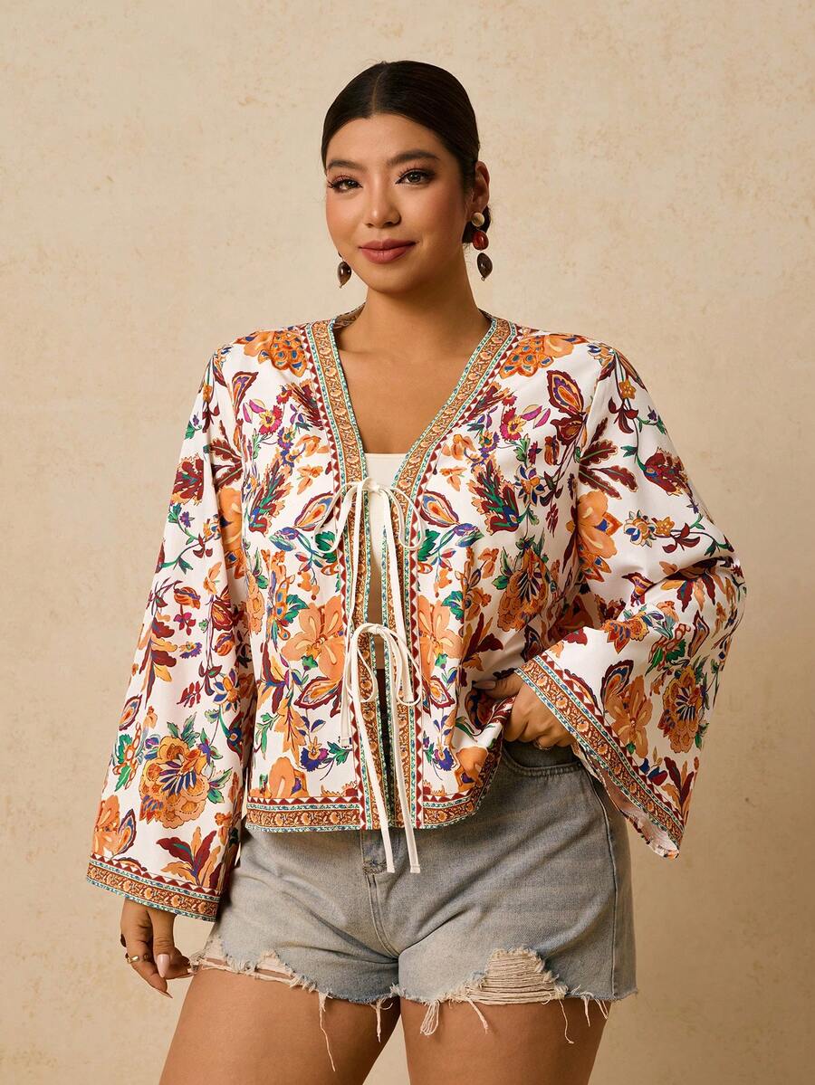 Travachic Áo sơ mi tay loe in hoa thời trang cỡ lớn cho nữ - Nhiều màu - Xem 1