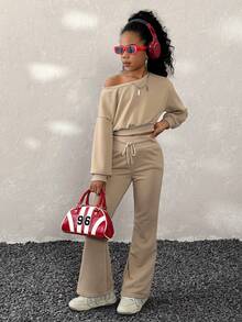 Coolane Kids Tween Girls Fall/Winter,2pcs/Set Brown Asymmetric Neck Sweatshirt And Flare Sweatpants Set,Christmas,New Year ,Thanksgiving - Khaki - View 2