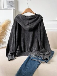 CosyJoli 大码女式前开拉链设计水洗面料长袖连帽衫，百搭黑色休闲套头衫，带口袋 - 黑色 - 查看 2