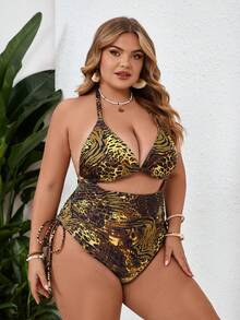 SHEIN CURVE+ Đồ bơi liền thân khoét lỗ phía trước họa tiết da báo cỡ lớn cho nữ, kỳ nghỉ ở bãi biển - Nhiều màu - Xem 4