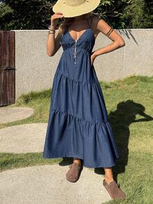 EMERY ROSE Women's Vacation Ruffled Hem Sexy Fashion Halter Neck Denim Dress,Valentine's Day,Summer,Carnival,Beach,Party,Elegant Party Dress,Going Out - Blue - View 3