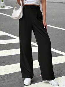 Muchica 通勤风黑色纯色斜插口袋裤 - 黑色 - 查看 6