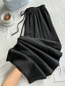 Comfortcana Plus Size Women Simple Solid Color Wide Leg Summer Pants - Black - View 3