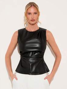 COSMINA Blusa de cuello redondo sin mangas con pliegues para mujer, versátil para ir al trabajo y la oficina, para todas las estaciones - Negro - Ver 6