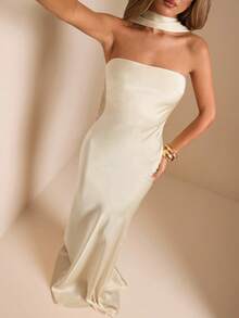 SHEIN BAE 优雅无肩带露背连衣裙，配腰带，性感纯色奶油黄色正式礼服，适合派对、鸡尾酒会、婚礼、生日、伴娘等场合 - 杏色 - 查看 3