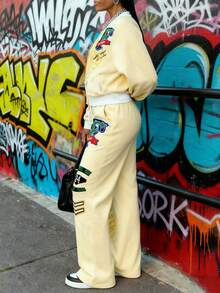 女士字母刺绣长袖单排扣棒球夹克和裤子休闲两件套 - 杏色 - 查看 3