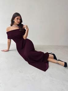 Firerie Women's Elegant Minimalist Chic Romantic Fashion Sexy Dress, Off Shoulder High Waist A-Line Umbrella Dress, Suitable For Vacation, Commute, Date, Grey Dress - Purple - View 5