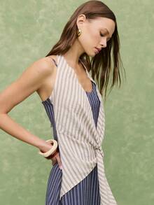 Nöista Striped Midi Dress In Navy  White With A With Front Knot.  Perfect For Spring Summer Outfits Casual Chic Styling  Effortless Everyday Formal Event Weeding Guest Pool Party Festival.  Vacation Luxury Going Out  Wedding  Party    Festival  Holiday  Summer - Navy Blue - View 3