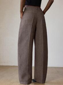 Aveloria Modichic Women's Suit Pants Herringbone Wide Leg Trousers,Shades Of Brown,Autumn,Business Casual,Office High Waist Relaxed Fit Tweed Pants With Side Pockets - Multicolor - View 2