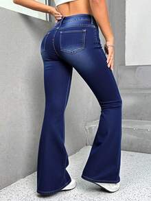 Pantalones vaqueros de mujer con bolsillo delantero y abotonado, estilo casual sencillo, campana para uso diario, Jeans acampanados elásticos, ajustados y versátiles para mujer - Azul - Ver 2