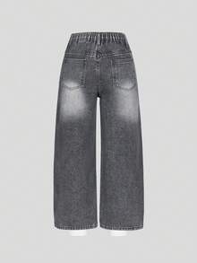 SHEIN ChillGRL Tween Girls Grey Fashionable Casual Loose Wide Leg Distressed Denim Jeans - Grey - View 2