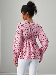 SHEIN Women's Floral Print V-Neck Tie Front Maternity Nursing Blouse, Autumn - Pink - View 2