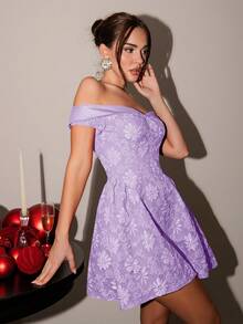 Glamine 女士春夏露肩复古宫廷风提花连衣裙，夏季连衣裙，伴娘礼服，适合音乐会、优雅场合、度假、浪漫约会、毕业典礼等。 - 紫色 - 查看 2