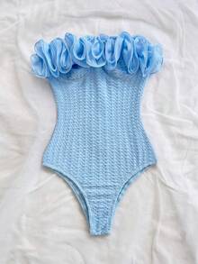 Soleia 夸张荷叶边无肩带女士连体衣，适合派对、假日、约会、下午茶、度假、音乐节、海滩、夏季穿搭、波西米亚风、休闲度假、钩针编织、亚麻材质 - 藍色 - 查看 3