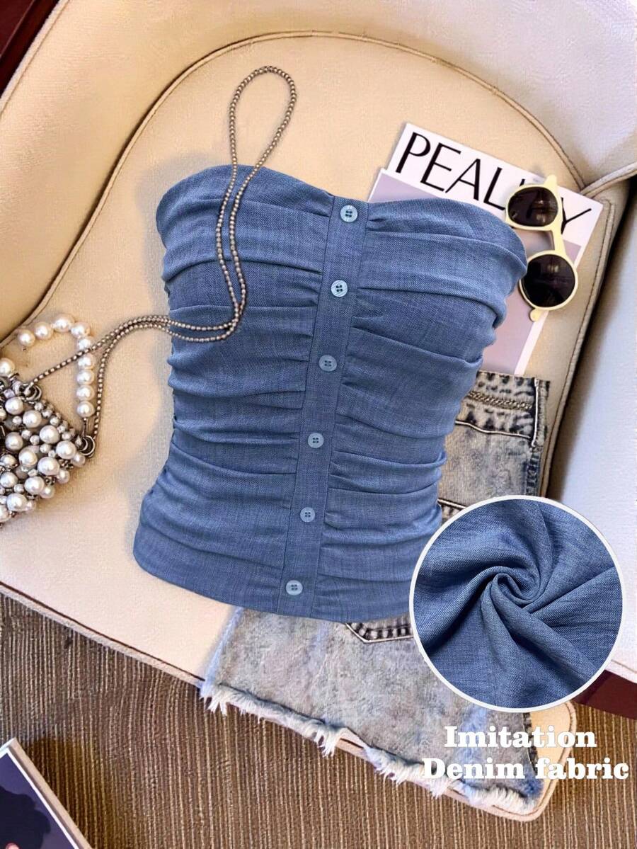 GlowEve Denim Effect Fabric Button Decor Ruched Elegant Women Camisole Top - Blue - View 1