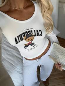 CovetEZ 印花休闲修身短袖长袖女式T恤 - 白色 - 查看 7