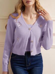Revavyn 2pcs Women Floral Embroidery Long Sleeve Knitted Cardigan And Camisole Knit Top Set, Autumn/Winter - Lilac Purple - View 5