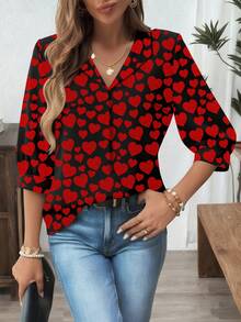 EMERY ROSE 1pc Women Plus Size Black And Red Heart Print V-Neck Long Sleeve Casual T-Shirt,Cute Autumn Blouses,New Year Party Valentine's Day Queen Of Hearts - Multicolor - View 4