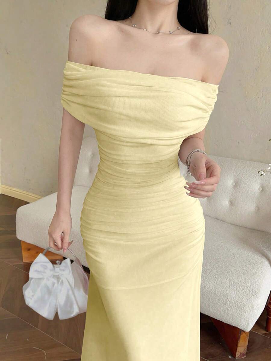 Modelyn Women's Off Shoulder Ruched Waist Elegant Wedding/Party Dress Off Shoulder Dress Pale Yellow Dress Elegant Dress - Light Yellow - View 1