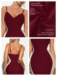 Nuvra 女士修身显瘦拼接可调节吊带V领提臀收腹针织面料紧身绷带中长连衣裙，开衩设计，抽绳腰带，优雅适合派对、新年等场合，黑白配色，秋冬款 - 酒紅色 - 查看 3