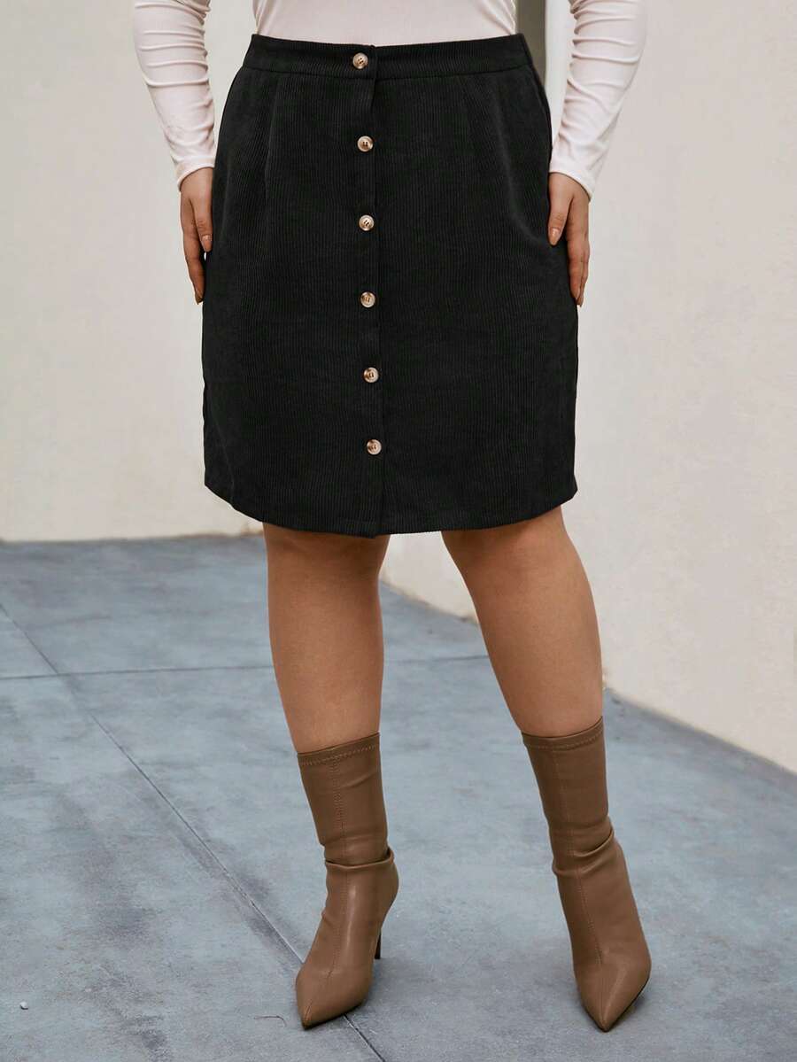 SHEIN LUNE Plus Size Casual Solid Color Front Button A-Line Skirt - Black - View 1