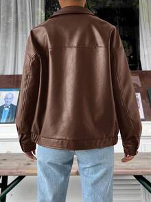 SHEIN EZwear 秋冬季落肩拉链PU短款皮夹克 - 棕色 - 查看 2