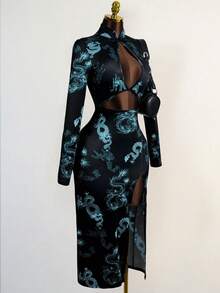 Đầm Maxi Sườn Xám Giả Cổ Đứng Khoét Hở Phía Trước Gợi Cảm Cho Nữ - Màu xanh ngọc - Xem 3