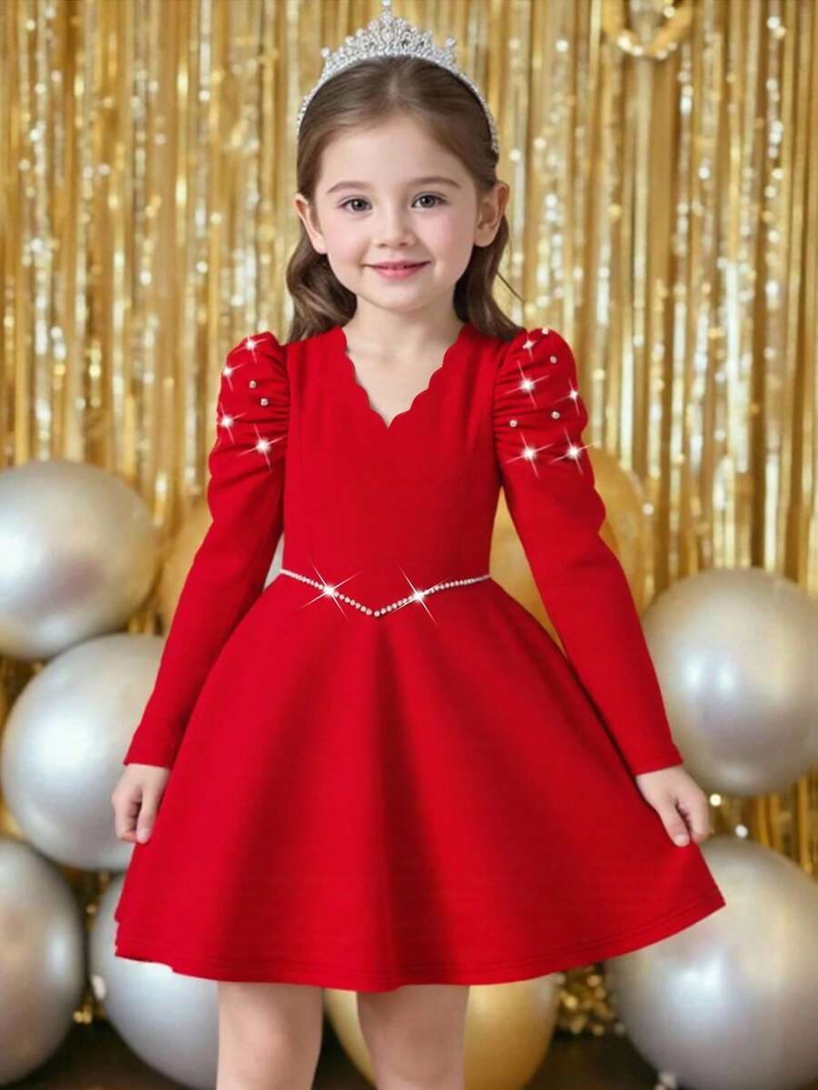 Váy chữ A tay bồng, cổ tròn, đính hạt màu đỏ cho bé gái, thích hợp mặc vào dịp năm mới, tiệc tùng, xuân/thu, đông, giáng sinh - Đỏ - Xem 1