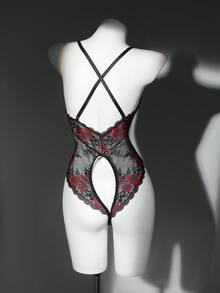 SHEIN 1件装女士蕾丝无钢圈性感连体衣 - 黑色 - 查看 2
