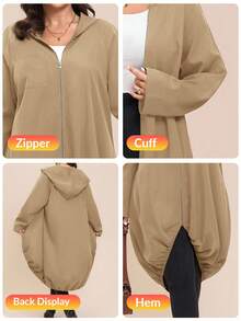SHEIN LUNE 秋冬季大码休闲纯色连帽外套 - 卡其色 - 查看 11