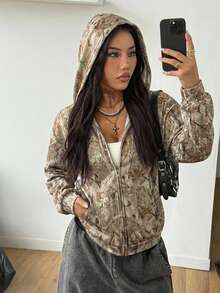 Coolane Women's Fall/Winter Couple Same Style/Couple Same Style/Basic/Going Out Knit Camo Thermal Lined Keep Warm Zip Up Army Green Baggy Long Sleeve Sweatshirt Camo Sweatshirt - Multicolor - View 5