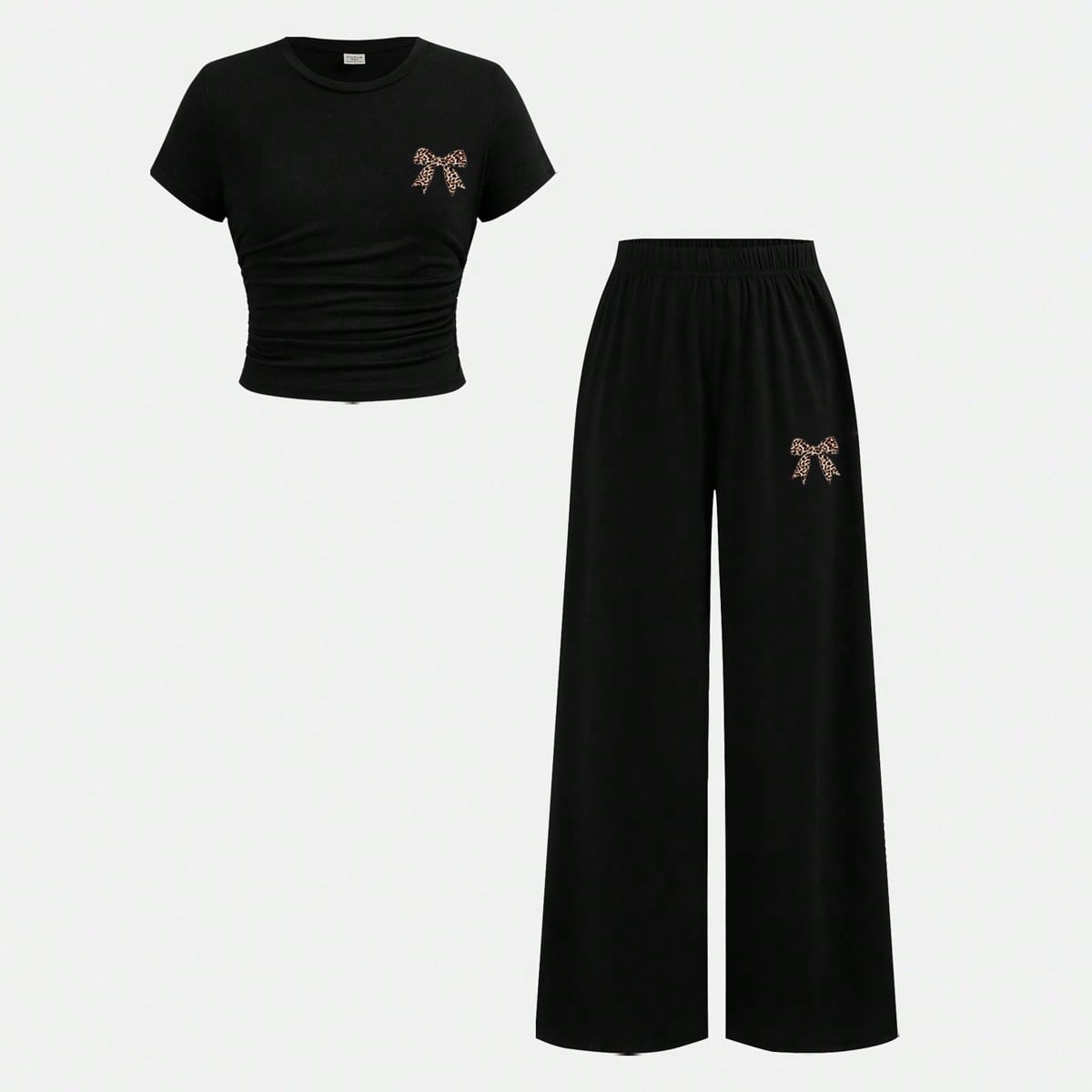 Conjunto de 2 piezas de camiseta de manga corta con estampado de lazo de leopardo y pantalones largos para niñas preadolescentes, conjunto de moda ca