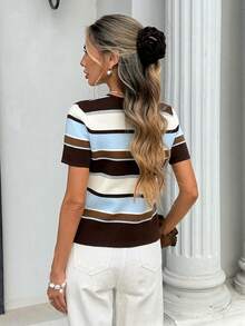 Serisse Áo len nữ kẻ sọc dáng rộng, tay ngắn cổ tròn, kiểu dáng thường ngày, phong cách preppy, màu nâu và xanh dương, áo cardigan tay ngắn cổ tròn, áo mùa hè, áo kiểu sinh viên Mỹ, thích hợp mặc hàng ngày, áo mùa hè, áo mùa xuân cho nữ. - Nhiều màu - Xem 2