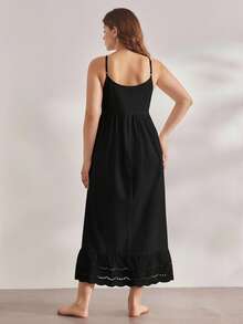 Ocili Camisón de algodón con bordado abierto por delante, cómodo y elegante para otoño, talla grande para mujer - Negro - Ver 3