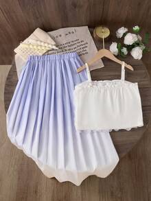 SHEIN Tween Girls Plain Spaghetti Strap Camisole Top And Skirt 2 Pieces Set - Multicolor - View 2