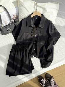 SHEIN EZwear 大碼頂針落肩袖襯衫&短褲