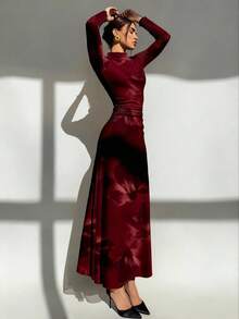 Aloruh 女士印花立领长袖褶裥连衣裙，优雅 - 中紫紅色 - 查看 5