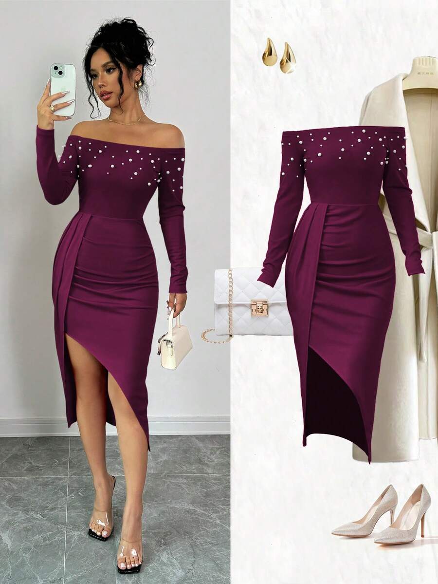 Elenzga Women's Open Shoulder Long Sleeve Ruched High Slit Pearl Design Bodycon Dress For New Year Clothes - Red Violet - View 1