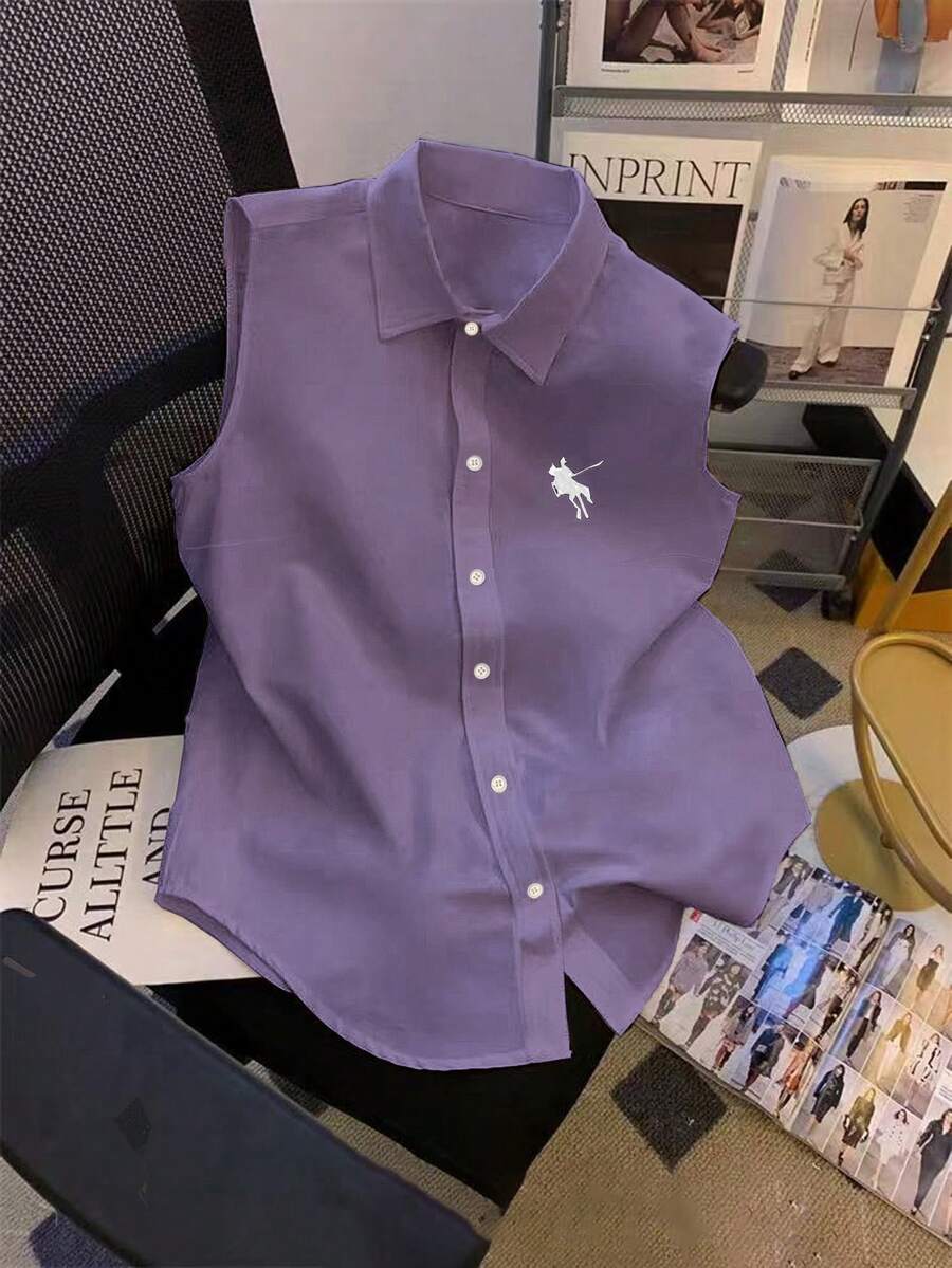 Lyxana Women's Casual Sleeveless Button-Up Shirt With Knight Print - Purple - View 1